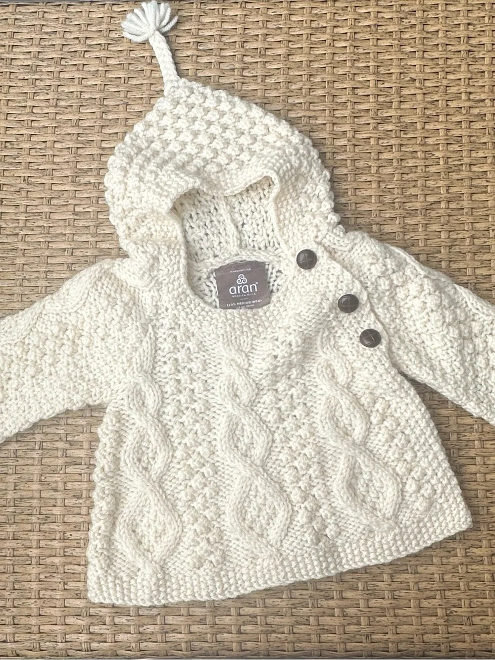 Aran Crafts Cream Aran Knit Baby Hoodie with Hood and Side Buttons Size S
